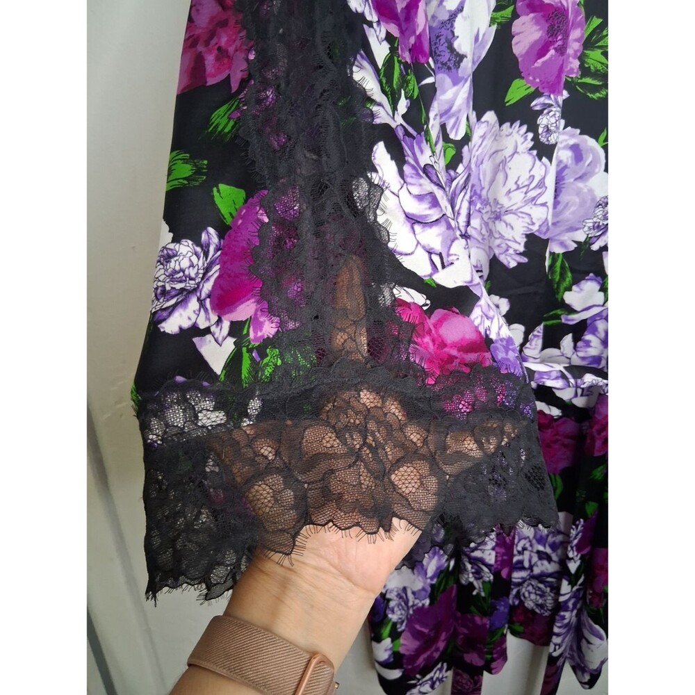 Victoria's Secret Floral Satin Kimono Robe XL/XXL Black Purple Lace Trim Feminin - Picture 5 of 7